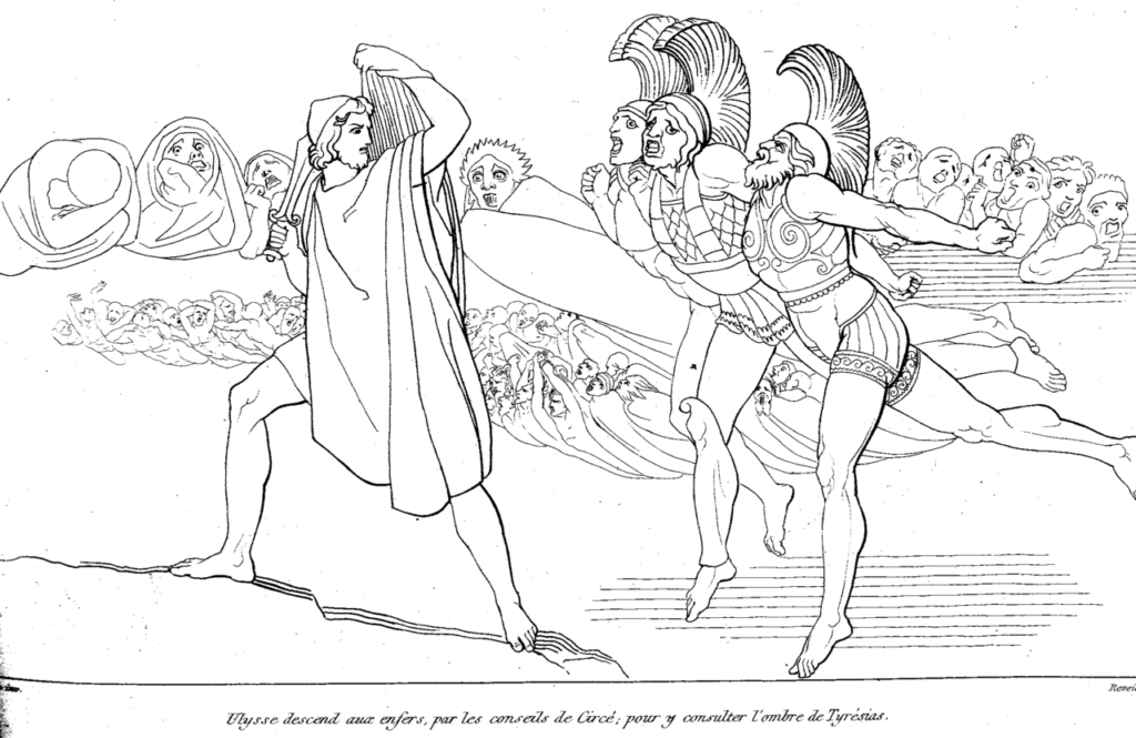 John Flaxman: Ulysse descend aux enfers, par les conseils de Circé ; pour y consulter l’ombre de Tyrésias. Bild: Wikimedia Commons, gemeinfrei.